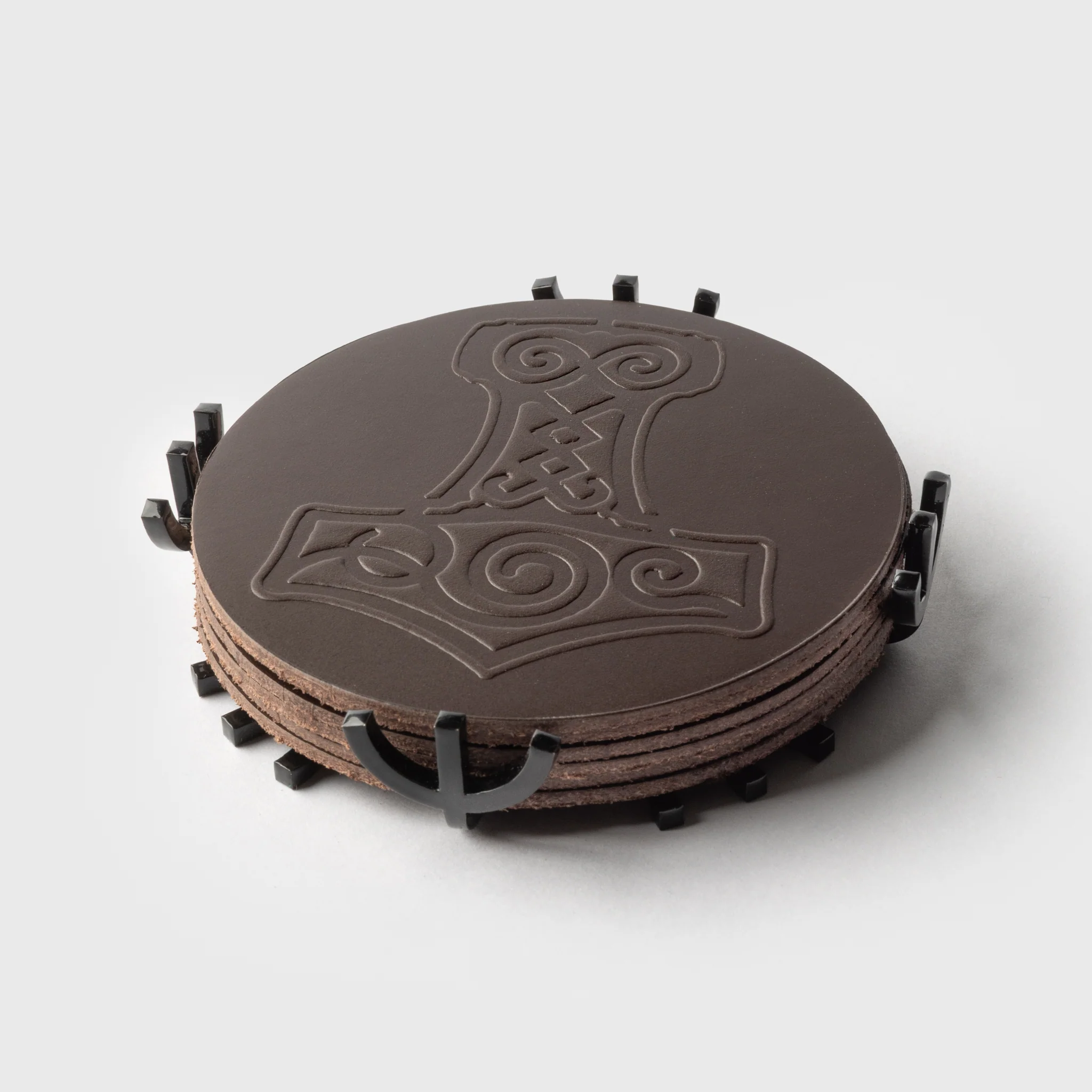 Mjolnir Coaster Set, Dark Brown Leather - Image 3