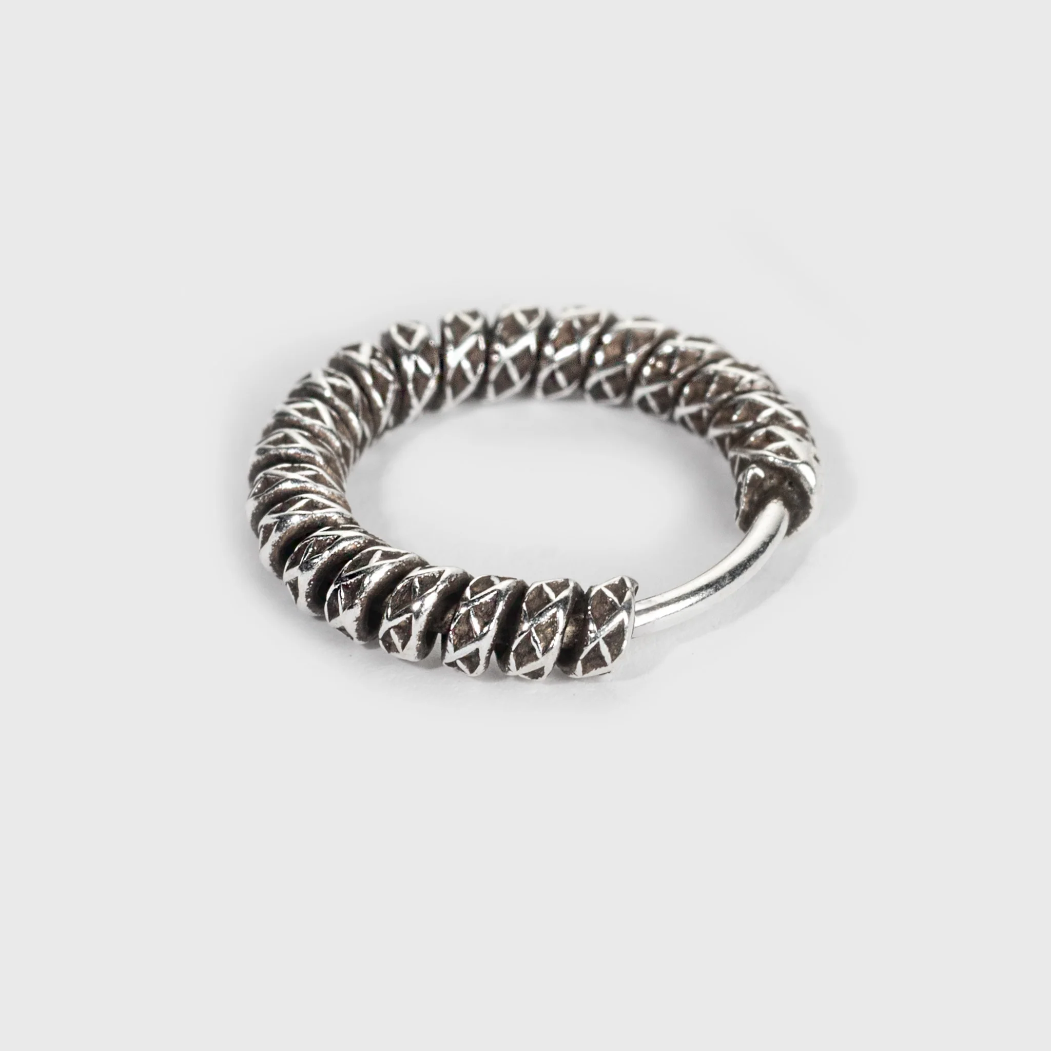 Silver Nose Ring, Cross Patterned with an oxidized finish - Image 3