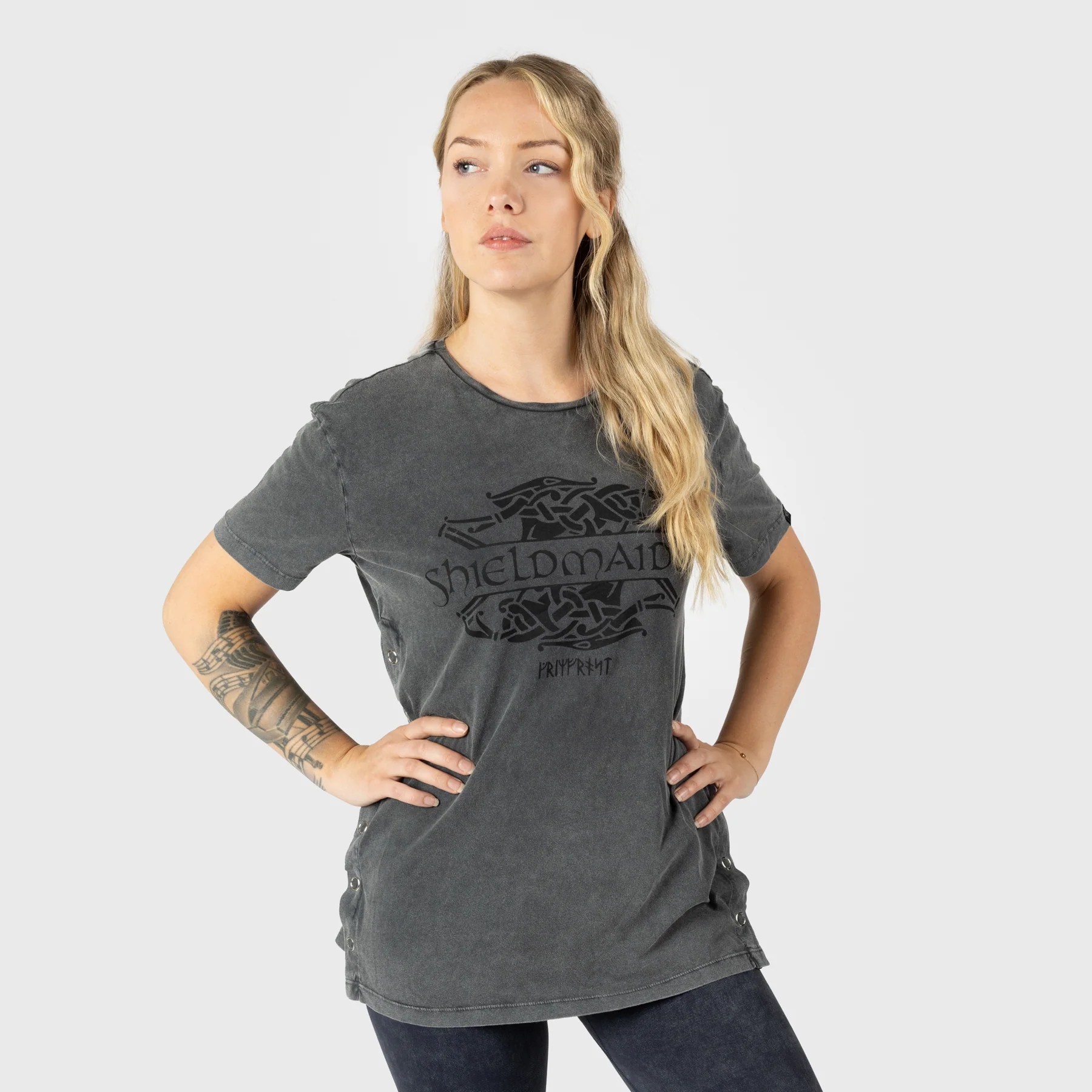Women's Side Snap T-shirt, Shieldmaiden, Washed Grey - Image 2